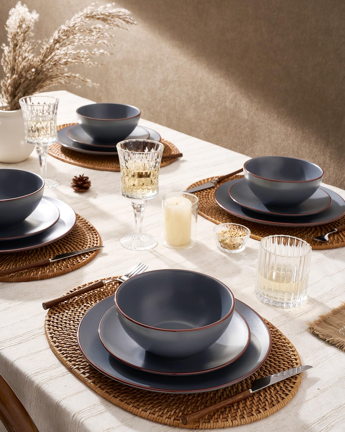 Venus Stoneware Dinnerware Sets with Pasta Bowls, Dishes Set for 6