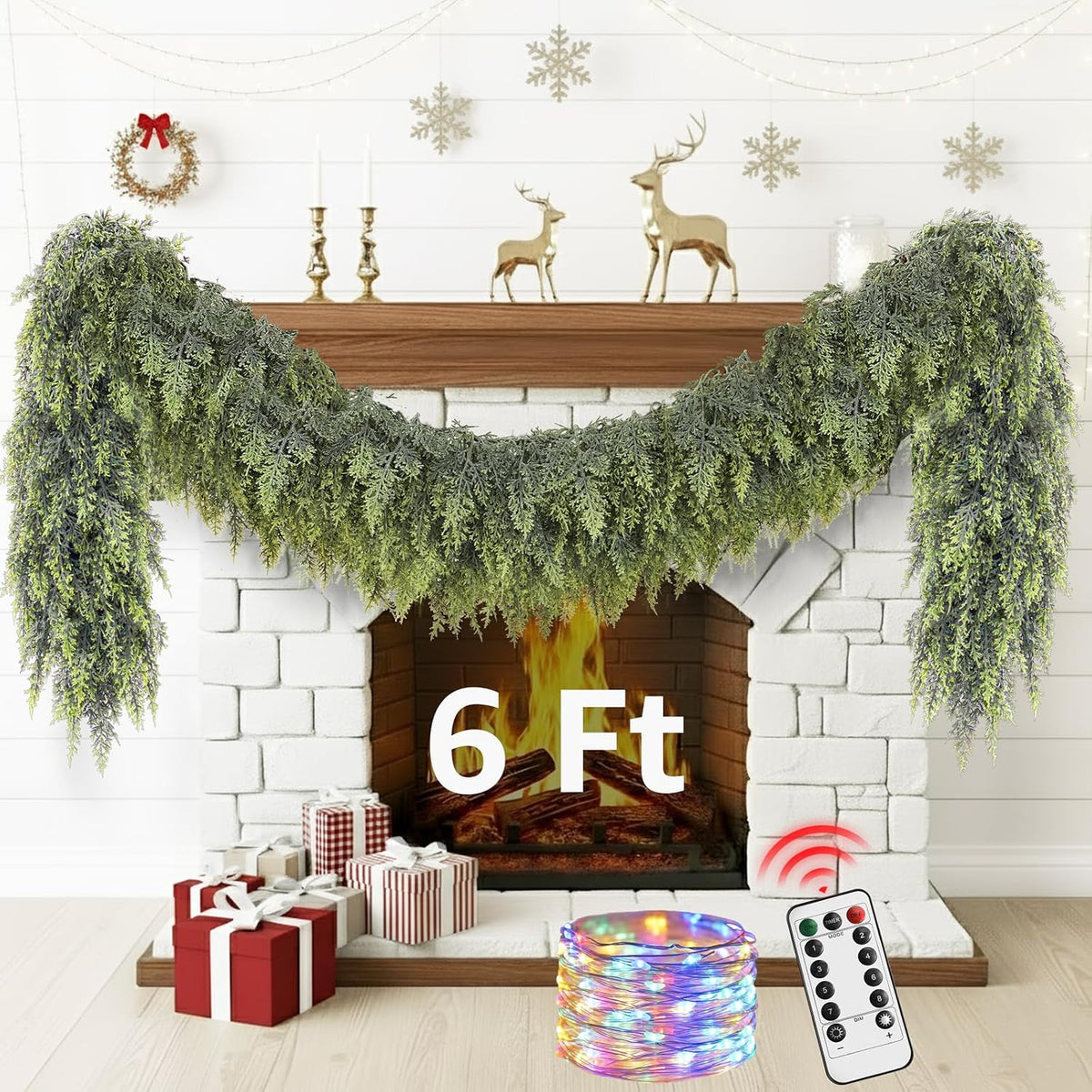 Cedar Christmas Garland with Lights for Mantle - Decorations 6 ft Realistic Lighted Faux Pine Garlands for Xmas Home