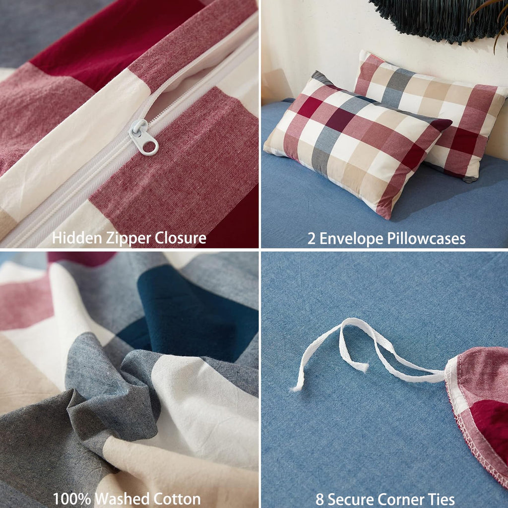 Buffalo Plaid Duvet Cover Set 3 Piece 100% Washed Cotton Linen Feel Farmhouse Bedding Comfy Breathable (Red Blue