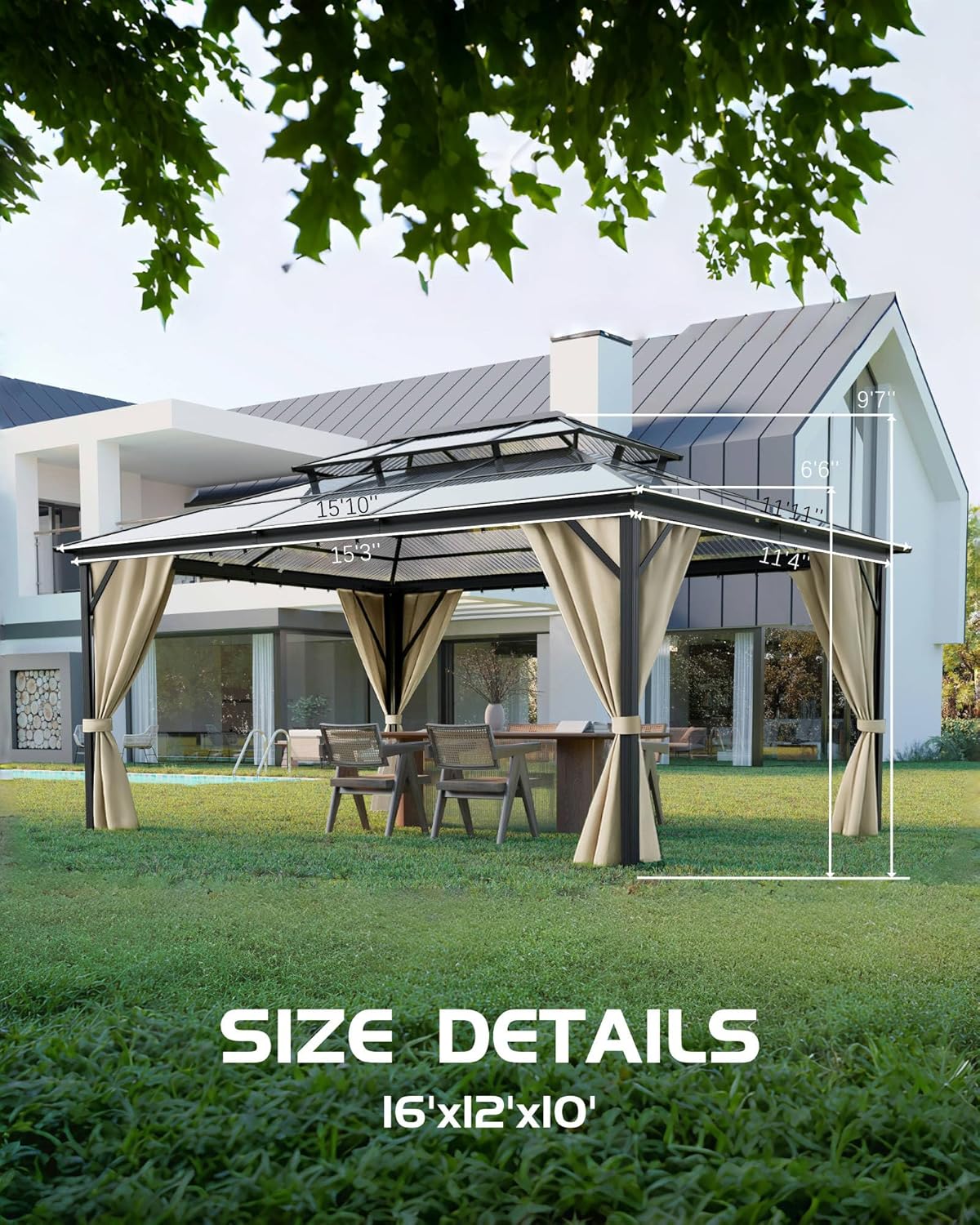 Hardtop Gazebo 12 ft x16 ft for All Weather, Double Polycarbonate Sheets Roof, Aluminum Alloy Frame, Net