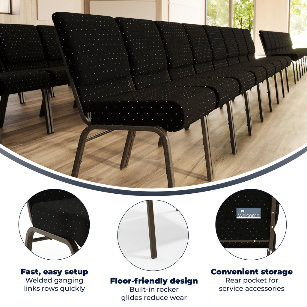 4 Pack HERCULES Series 21''W Stacking Church Chair in Black Dot Patterned Fabric - Gold Vein Frame