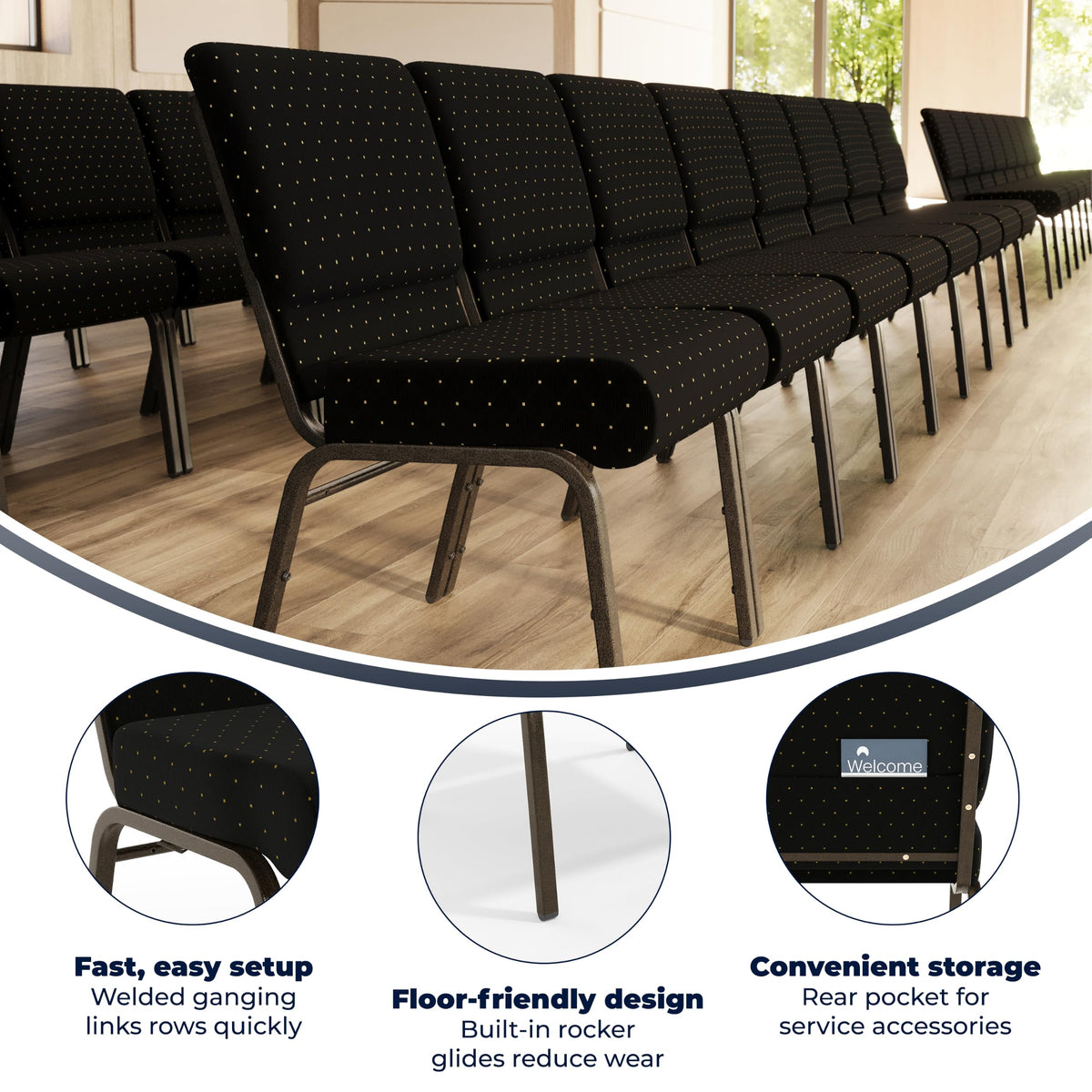 4 Pack HERCULES Series 21''W Stacking Church Chair in Black Dot Patterned Fabric - Gold Vein Frame