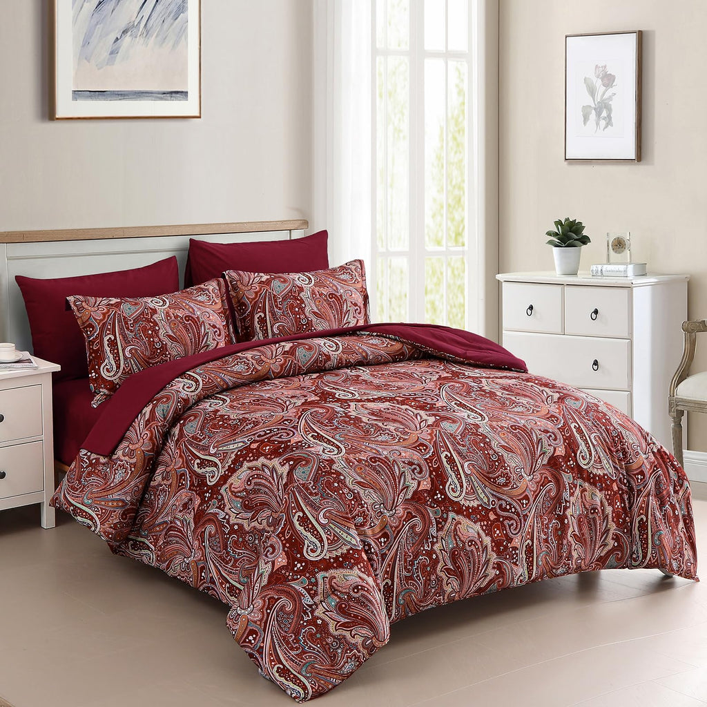 Red Paisley Comforter Set Queen Size 7 Piece Bed in a Bag