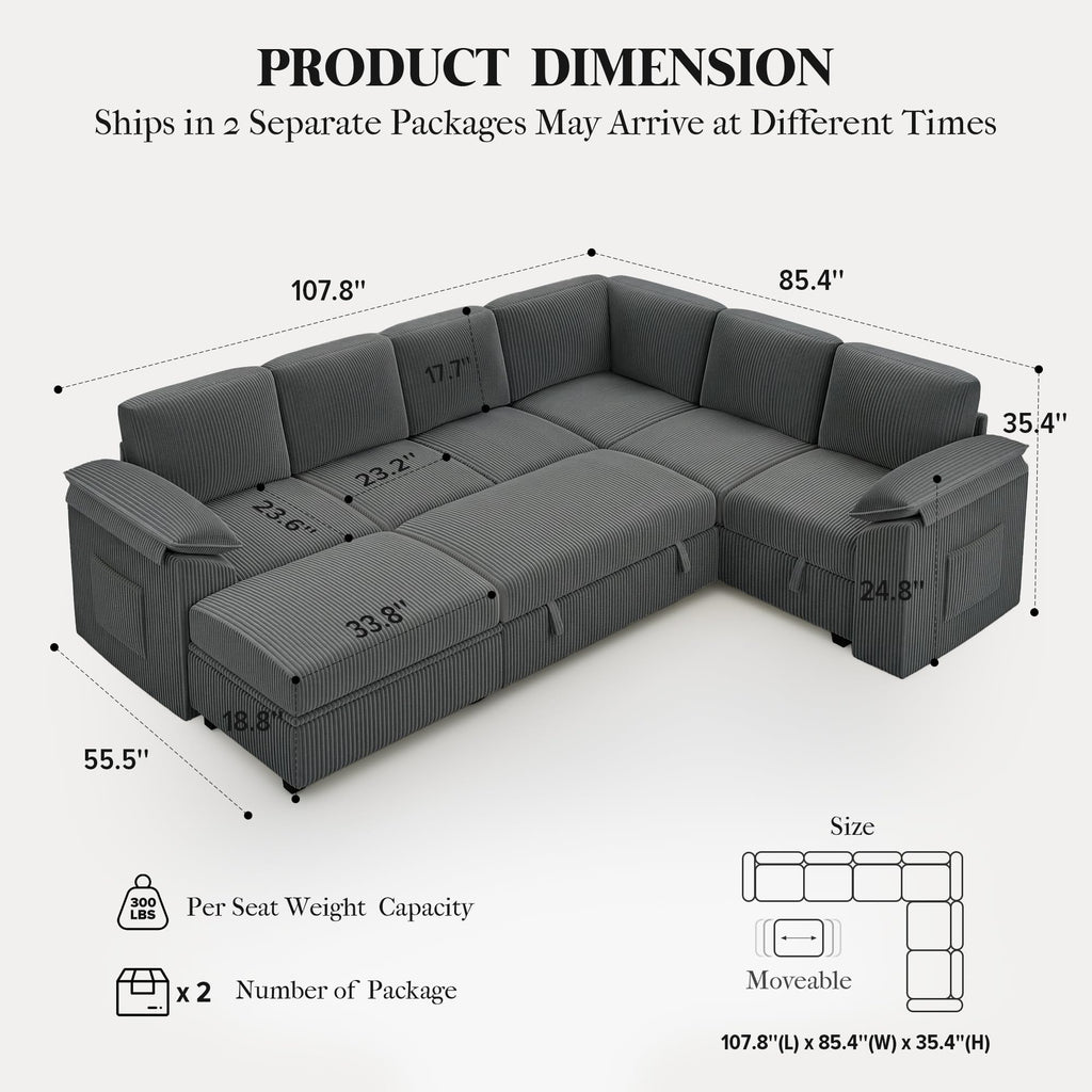 108" Modular Sectional Sleeper Sofa with Pull Out Bed, Dark Grey