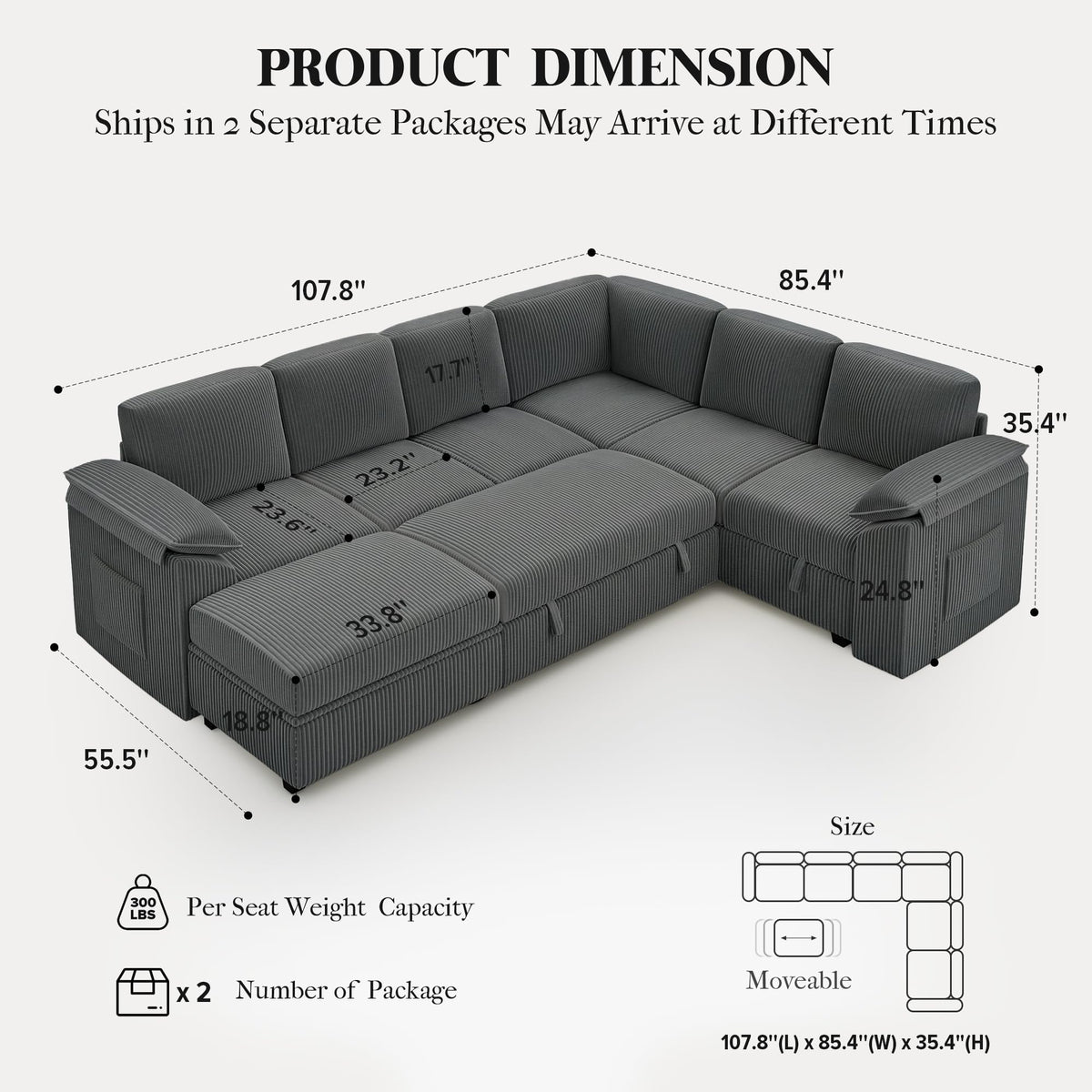 108" Modular Sectional Sleeper Sofa with Pull Out Bed, Dark Grey