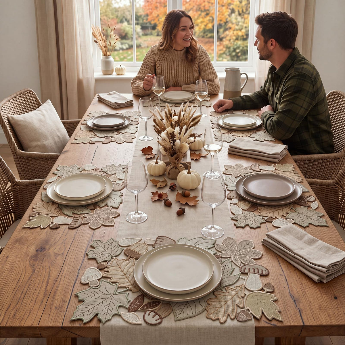 Fall Placemats Set of 6, Embroidered Maple Leaf Table Mats, 11 x 17 Inch