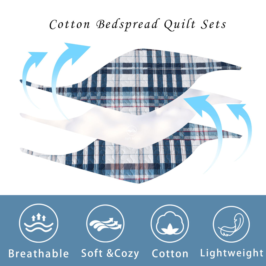 100% Cotton Blue White Red Plaid Quilt, Gingham Comforter