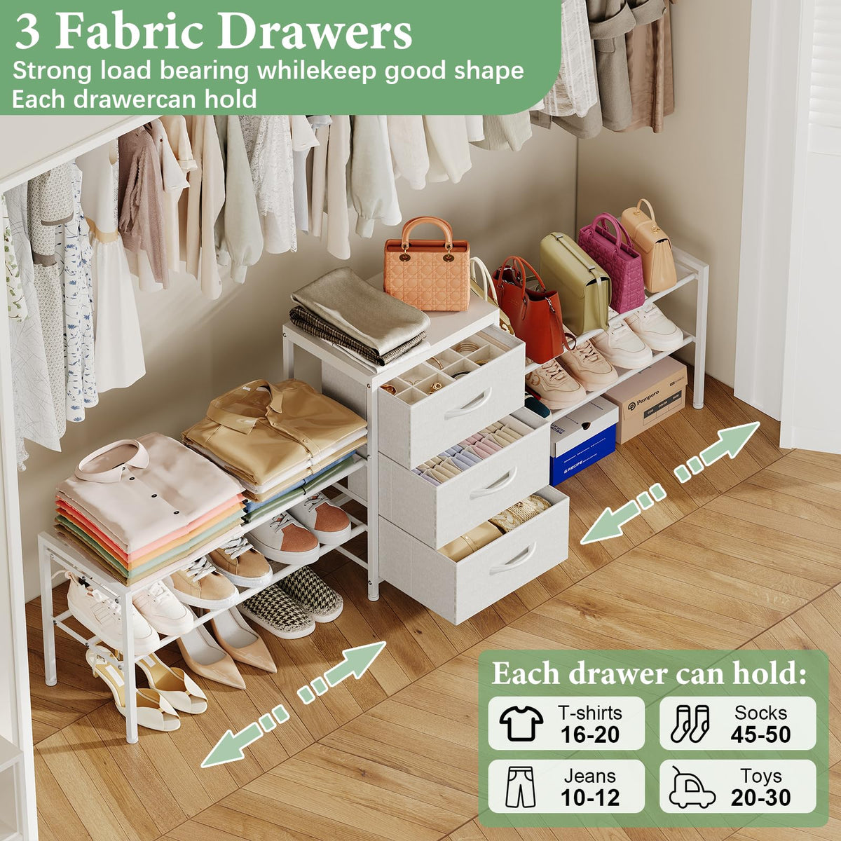 Expandable Closet Organizers and Storage,Wide Long 3 Drawer Dresser