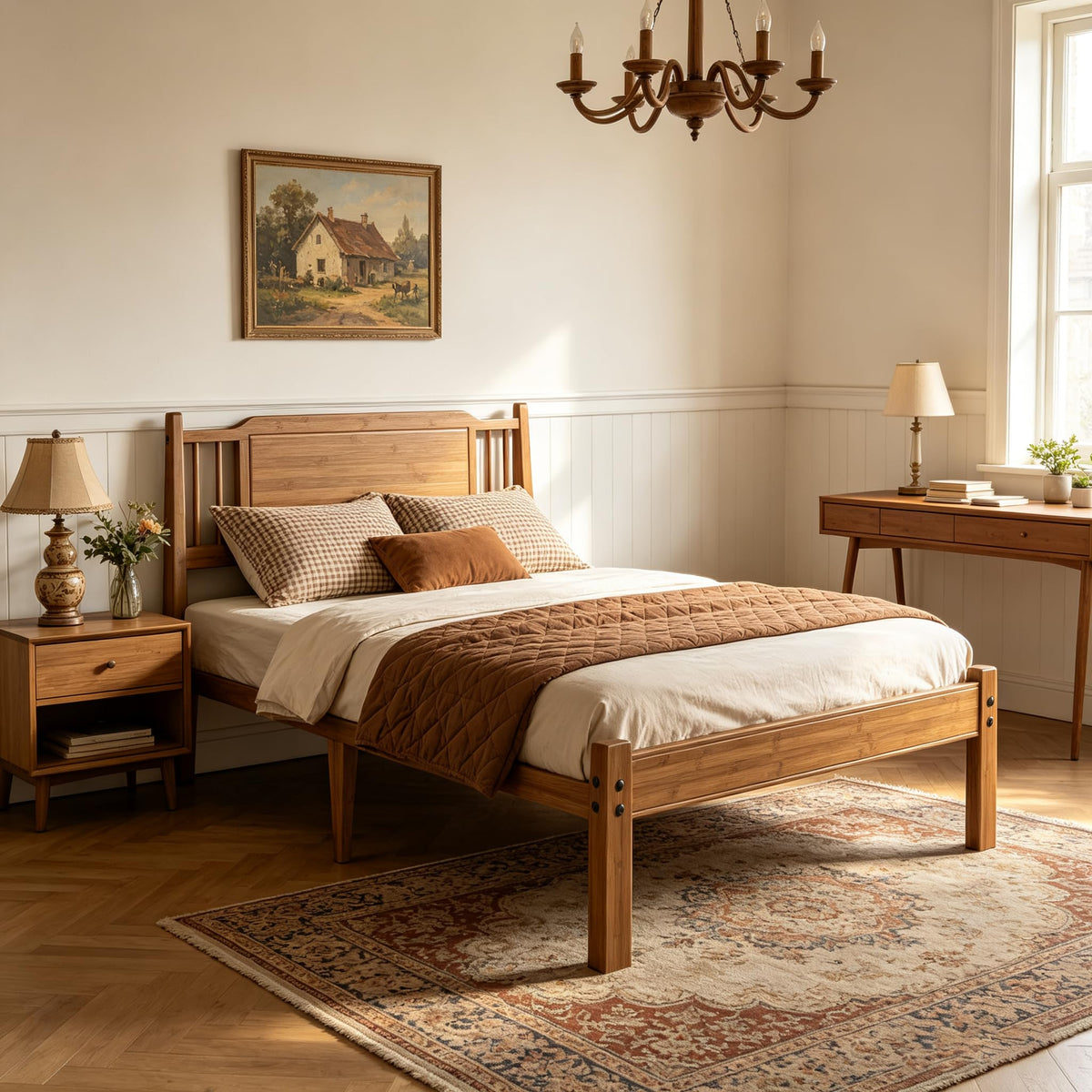 Bamboo Bed Frame with Farmhouse Headboard, Warm Brown Color