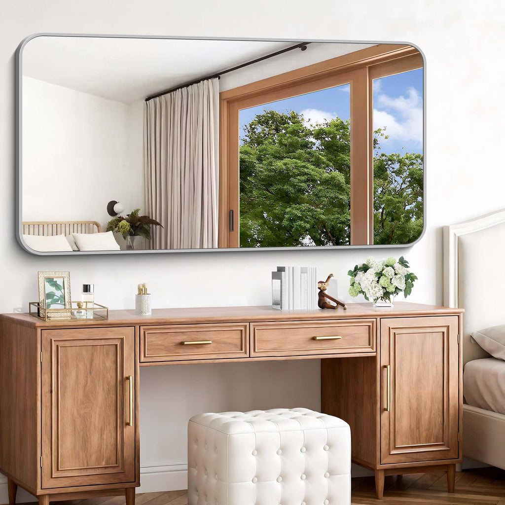 Silver Bathroom Mirror, 72 x 36 Inch Large Rectangle Mirror, Rectangular Vanity Mirror Aluminum Metal Frame, Rounded