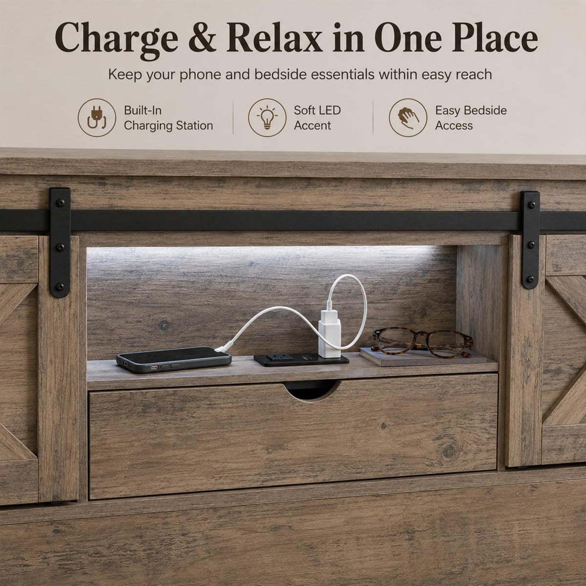 Farmhouse Bed Frame with Barn Door Headboard and Drawers, Grey