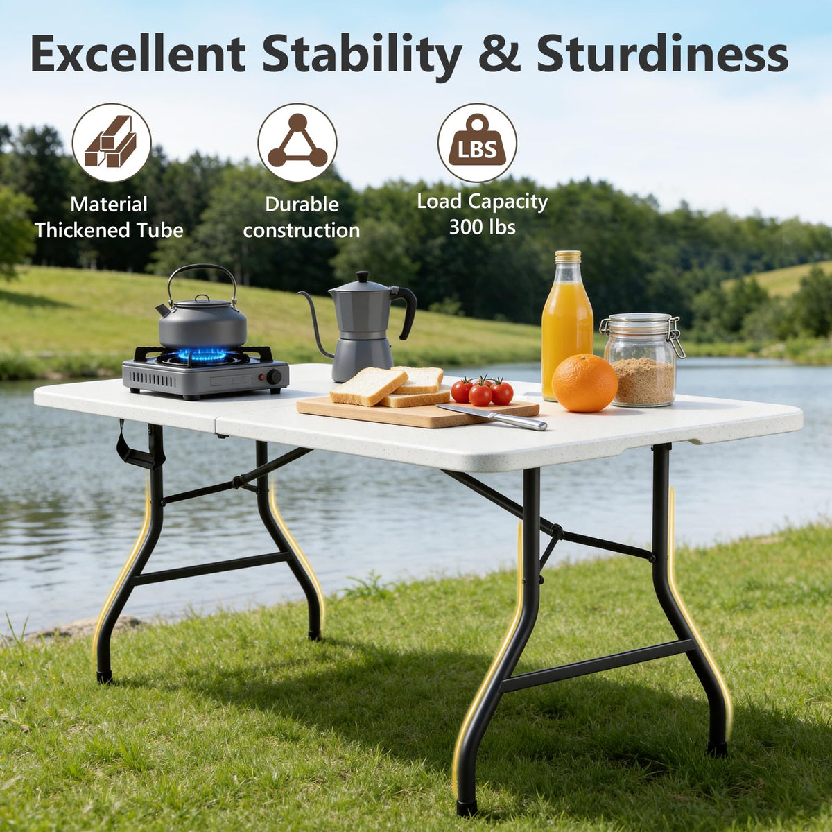 Folding Table, 6 FT Foldable Plastic Table with Carrying Handle, Heavy Duty Portable Fold-in-Half Utility Table for