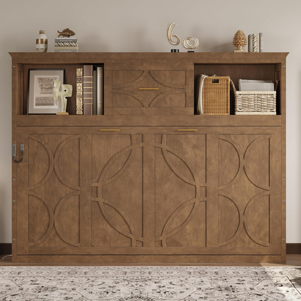 Farmhouse Wood Murphy Bed with Charging Station, Modern Wall Bed with Top Cabinet & Drawer, No Box Spring