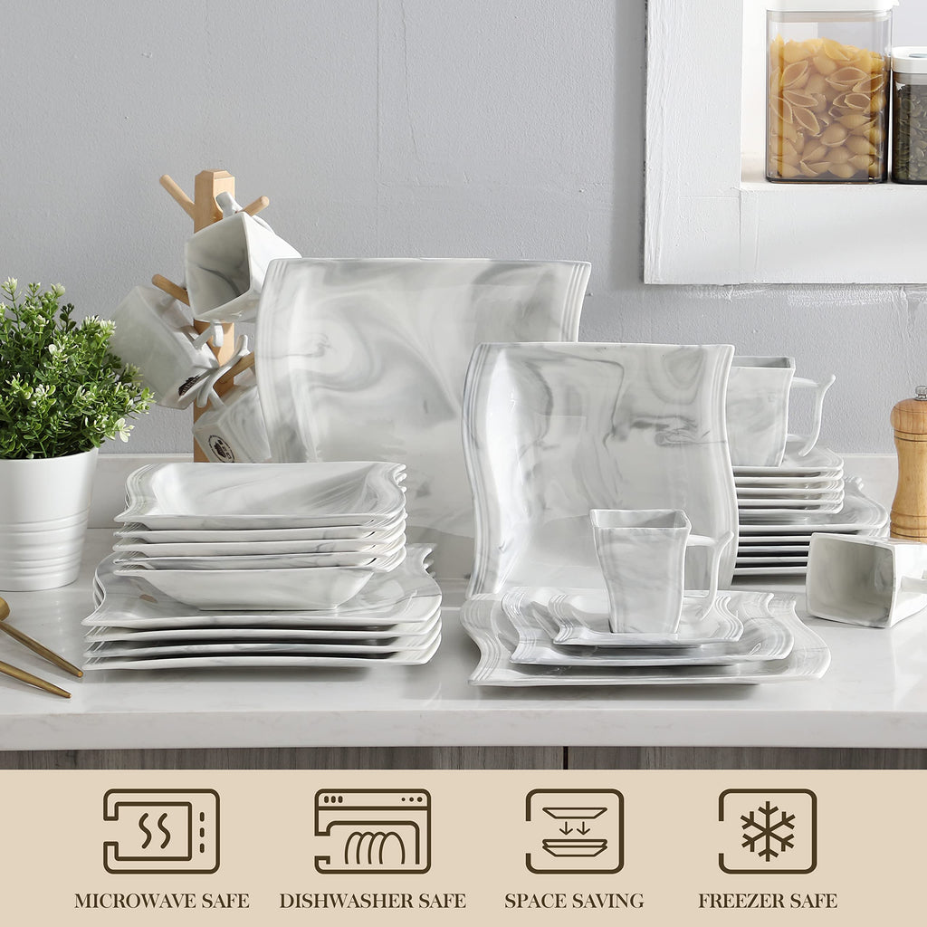 Plates and Bowls Sets, 30 Piece Porcelain Dinnerware Sets for 6, Square Dinnerware Set with Dinner Plate, Dessert