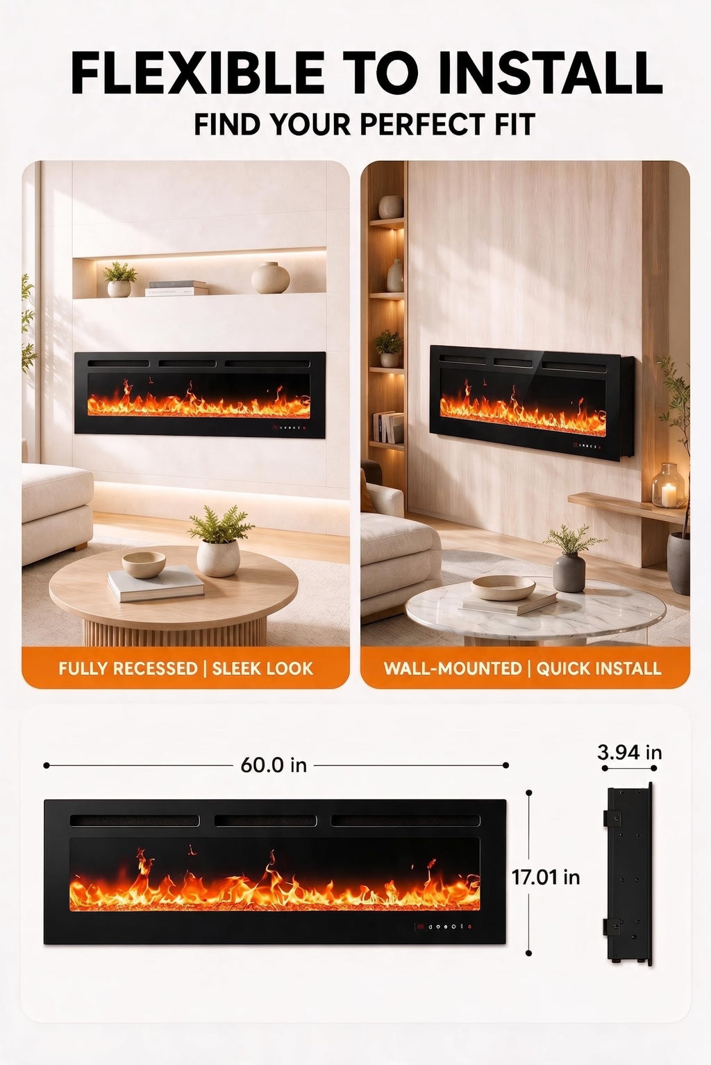 60-Inch Smart Electric Fireplace, Ultra-Slim Wall-Mounted or Recessed Fireplace Heater with 1400W Heat, WiFi App &