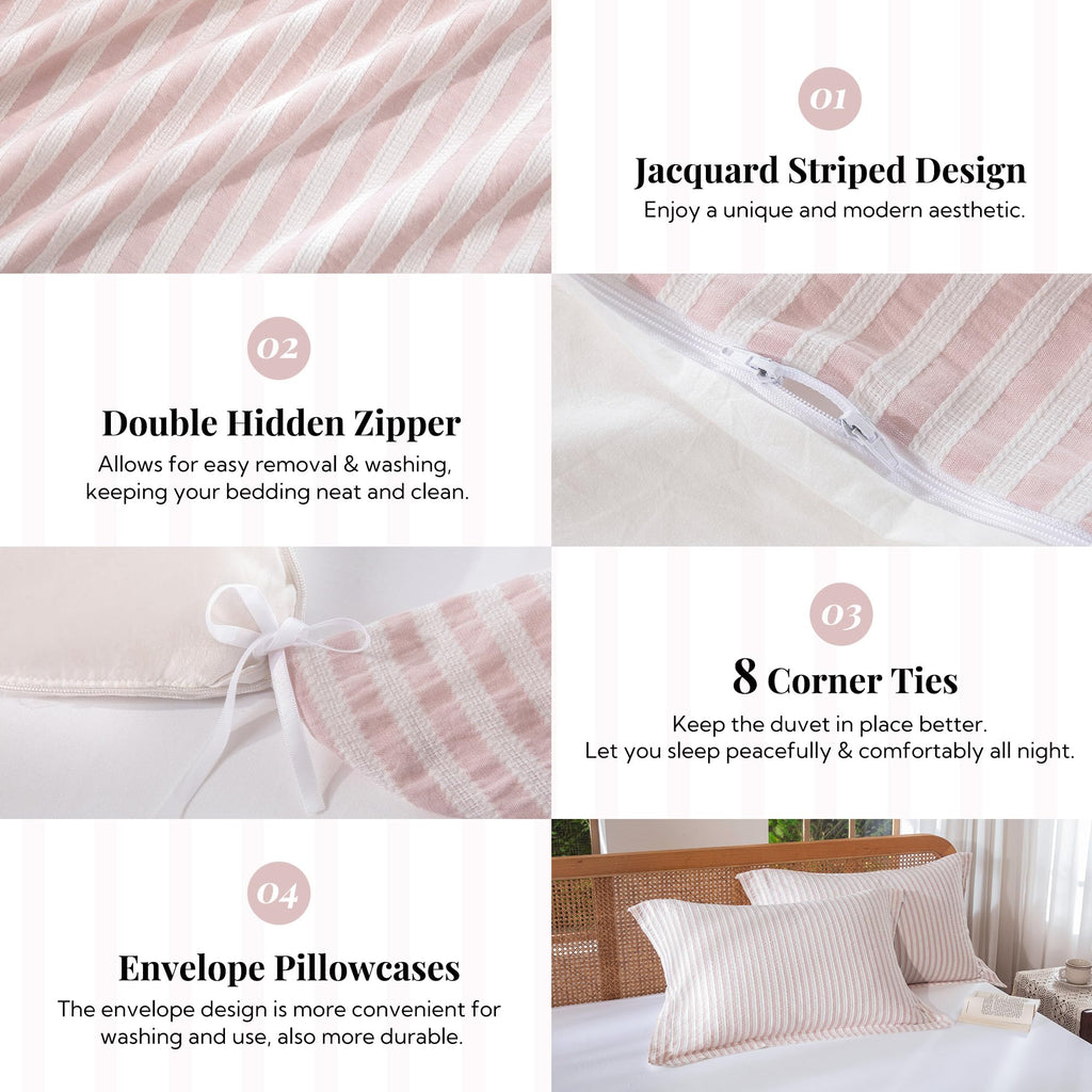 Jacquard Striped Duvet Cover Set 3pcs Dual Zipper Pink Full