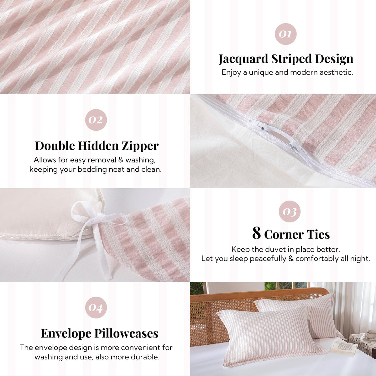Jacquard Striped Duvet Cover Set 3pcs Dual Zipper Pink Full