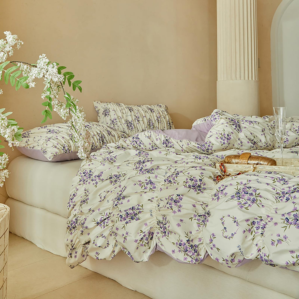 Floral Ruched Duvet Cover, Vintage Boho Textured, Zipper & Ties