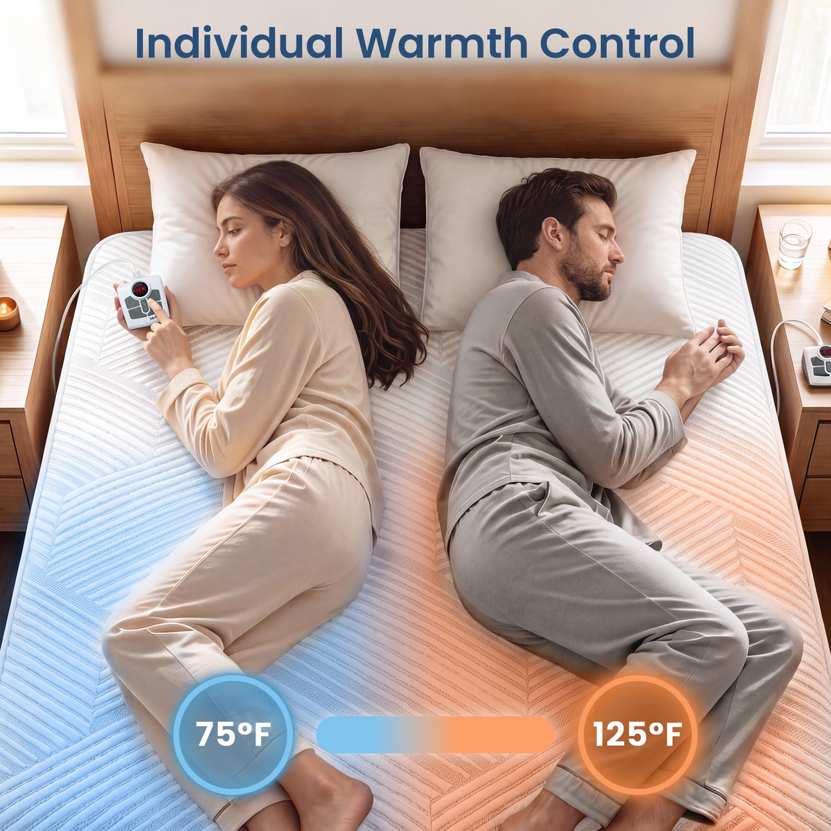 Heated Mattress Electric Pad King Size Dual Control Bed Warmer, Deep Pocket, Side Storage Pouch for Controller
