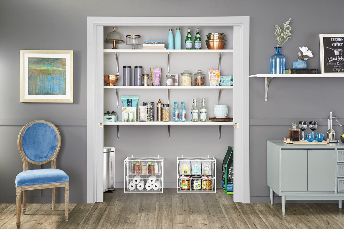 Wire Basket 2 Drawer Organizer Unit with Shelf for Pantry, Closet, Clothes, Linens, Sturdy Steel, Easy Assembly, White