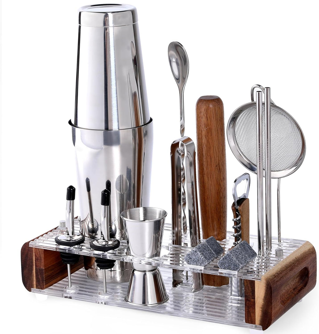 Mixology Bartender Kit with Stand - Bar Tool Set, Silver Bar Set Cocktail Shaker Set for Drink Mixing - Set of 15