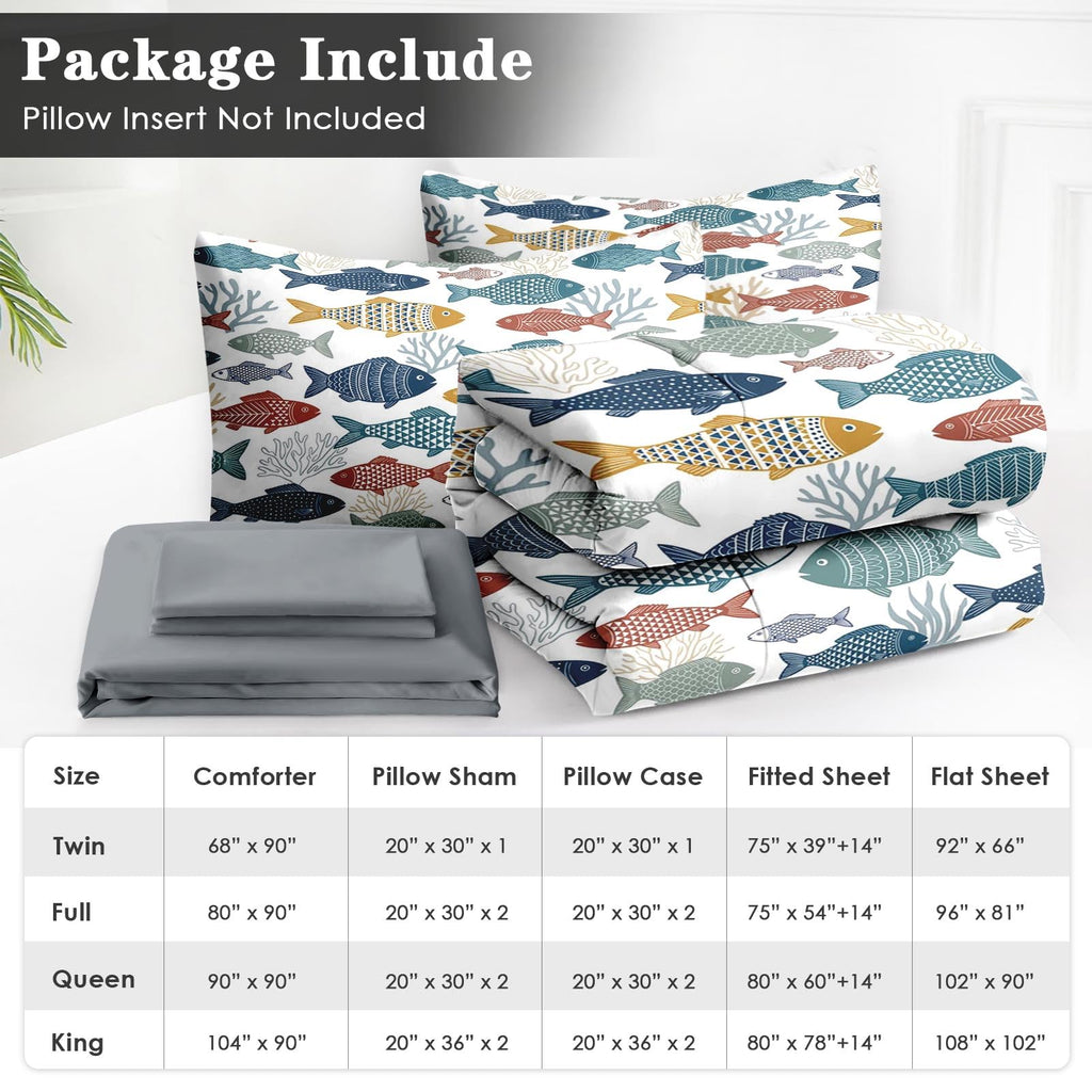 7 Pcs Comforter Set, Fish Ocean Bedding