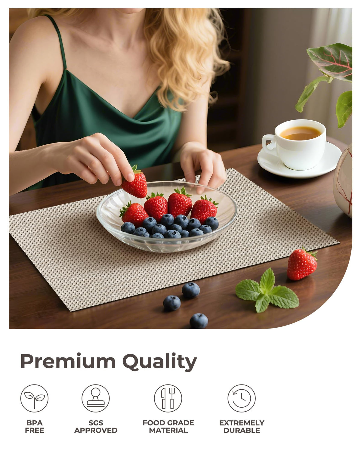 Beige White Placemats Set of 6 - Heat Resistant Non-Slip Place mats for Dining Table, Washable Durable PVC Vinyl