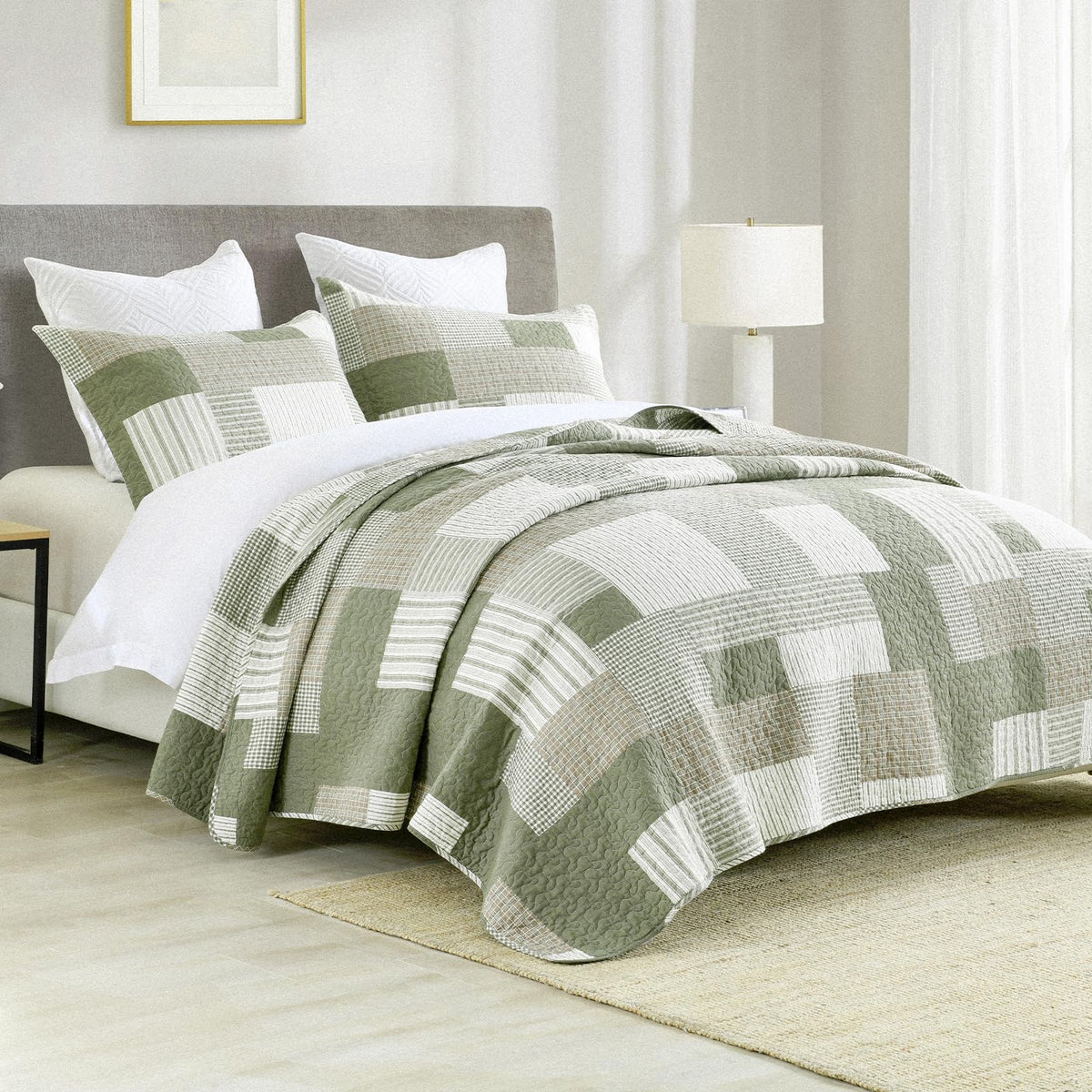 Plaid Quilt Set, Patchwork Light Green Quilt Bedding Set, 100% Cotton Bedspreads, Farmhouse Rustic
