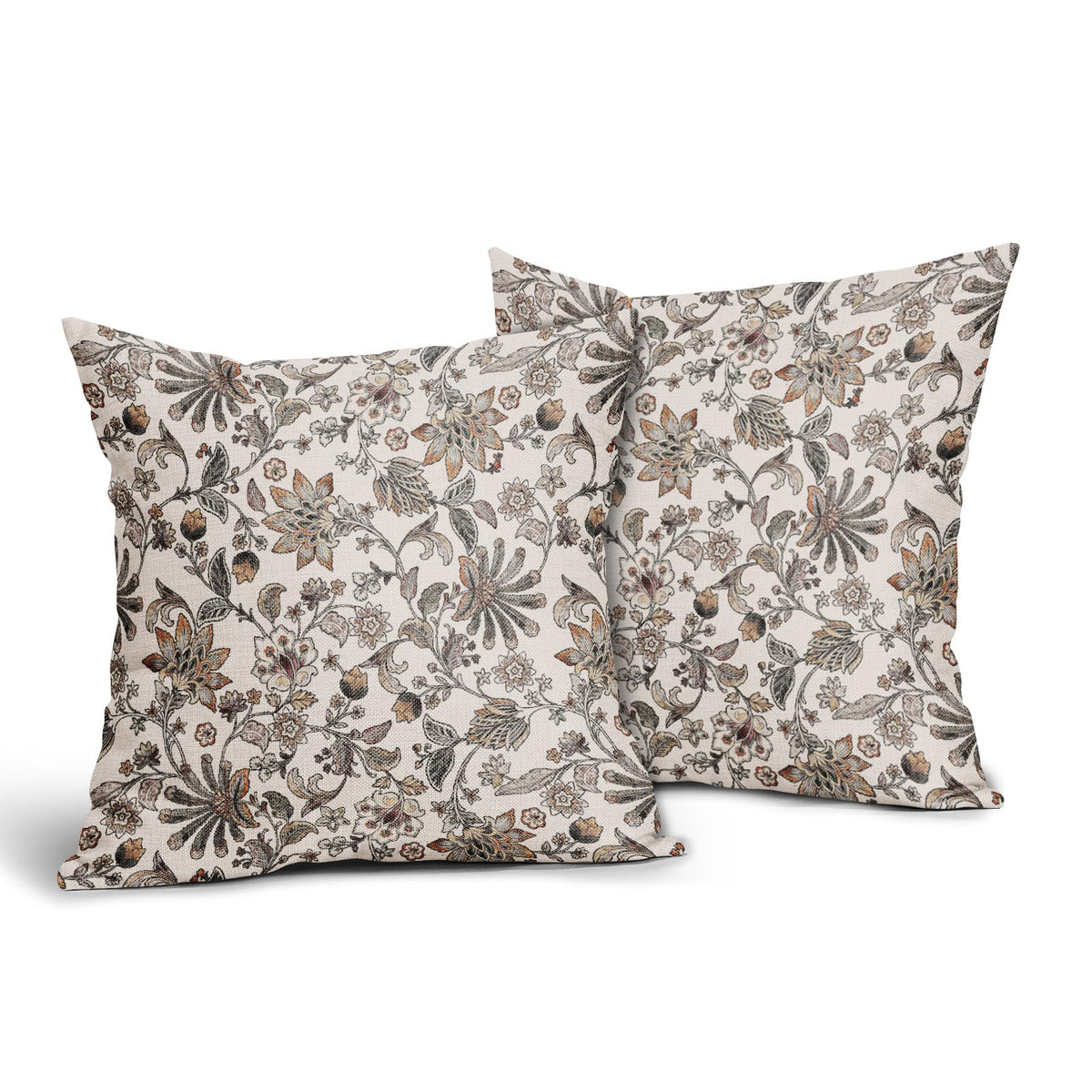 Vintage Floral Pillow Covers 20x20 Inch Set of 2, Brown Grey Antique Flower Tapestry Carpet Pattern Block Print
