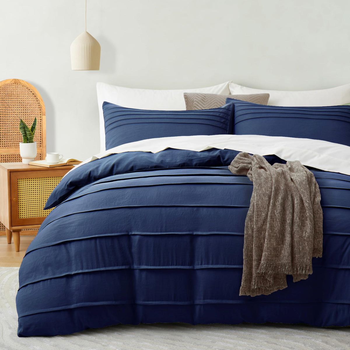 3PCS Pleated Duvet Cover Set, Navy Blue