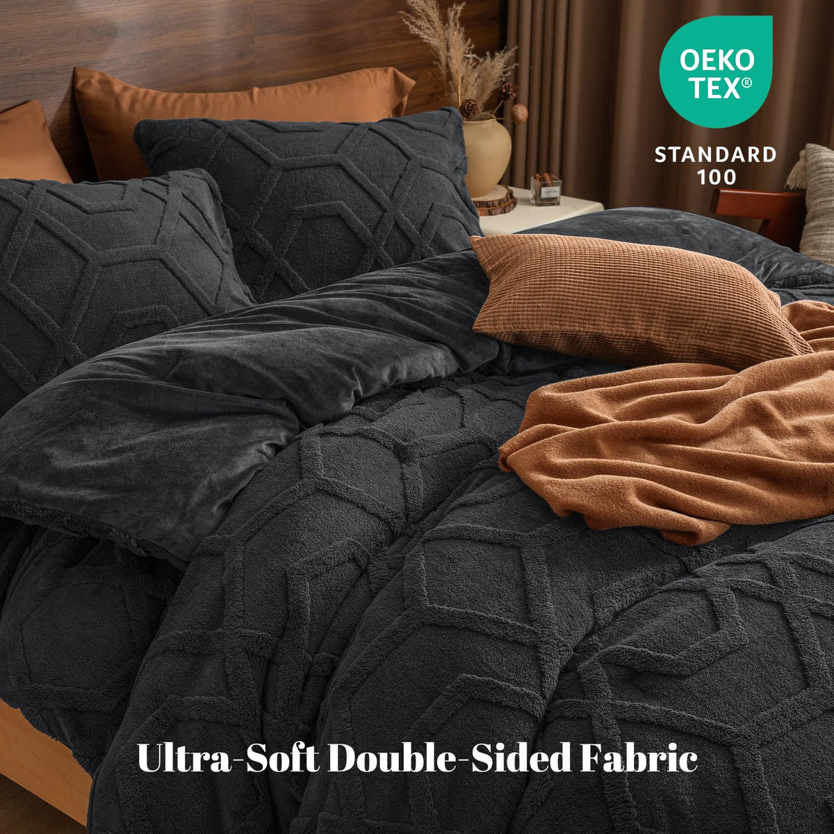 Warm Sherpa Fleece Comforter Set, 3D Tufted Fluffy Dark Grey Bedding for Winter, Soft 3 Pieces Shaggy Bed Set