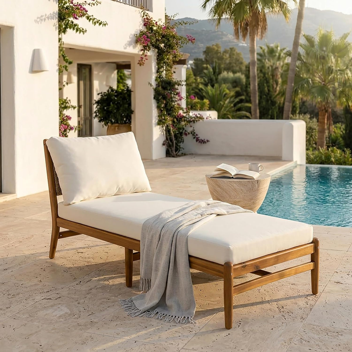 Acacia Wood Chaise Lounge Chair Outdoor With Water Resistant Cushion, Outdoor Recliner Chair With Hand-Woven