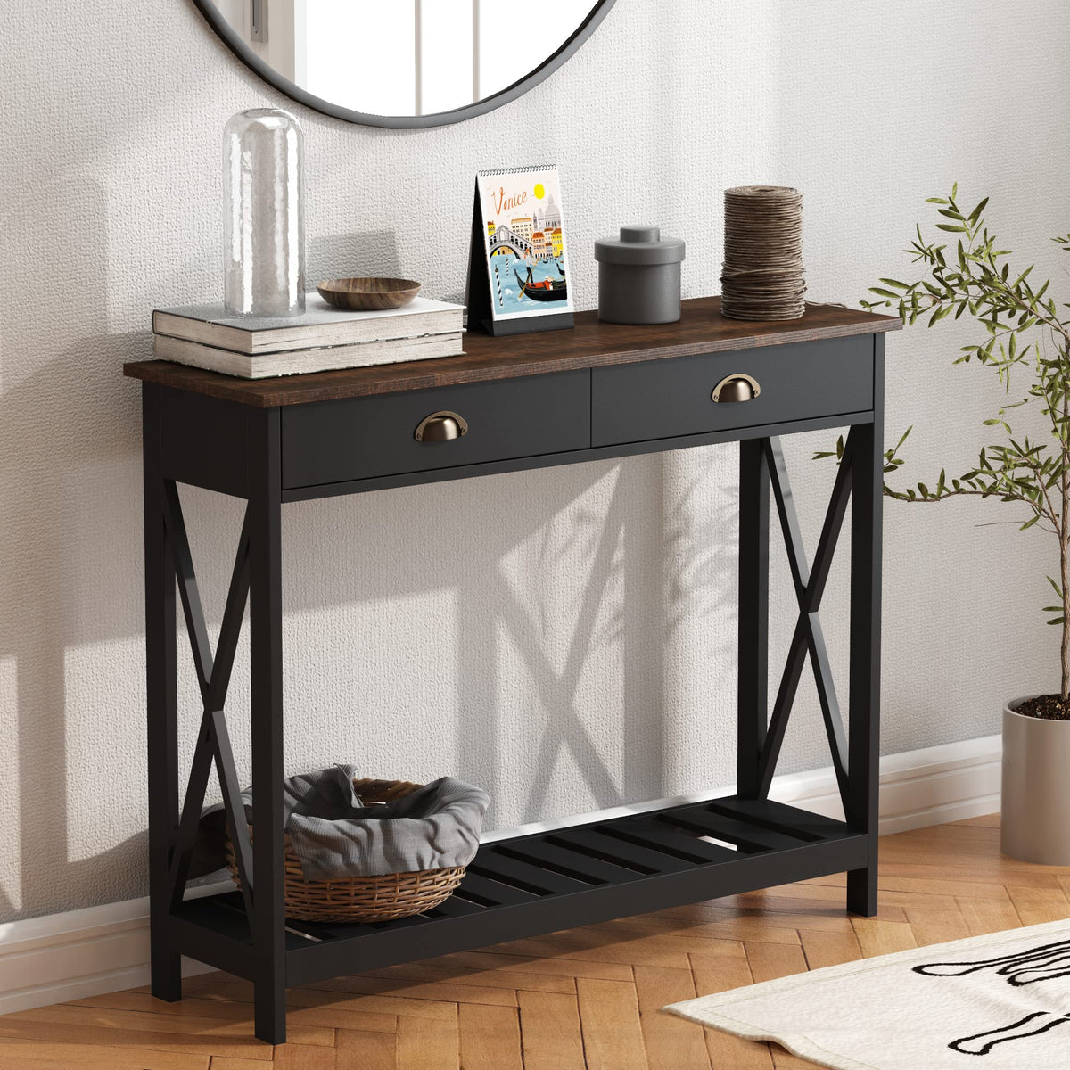 Farmhouse Console Table with Drawer, Narrow Long Entry Table with Shelf, Rustic Vintage Hallway Sofa Table with
