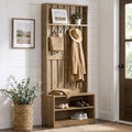 Farmhouse Hall Tree with Bench and Shoe Storage, Rustic Brown