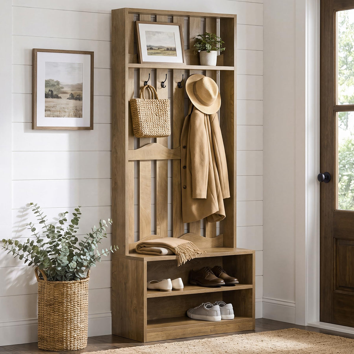 Farmhouse Hall Tree with Bench and Shoe Storage, Rustic Brown