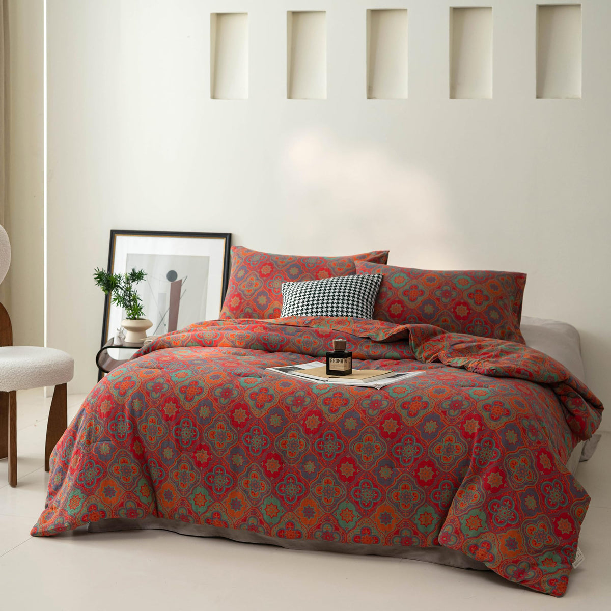 100% Cotton Muslin Jacquard Comforter Set, Rustic Farmhouse Floral Print, Soft Lightweight Reversible 3 Piece Bedding