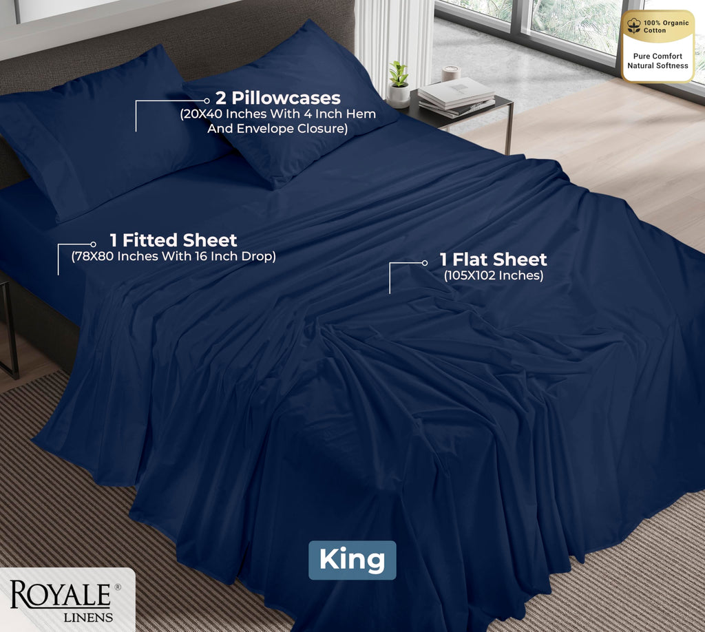 100% Organic Cotton King Sheet Set - Percale Weave - 4 Pieces Set - 1 Flat, 1 Deep Pocket Fitted Sheet and 2