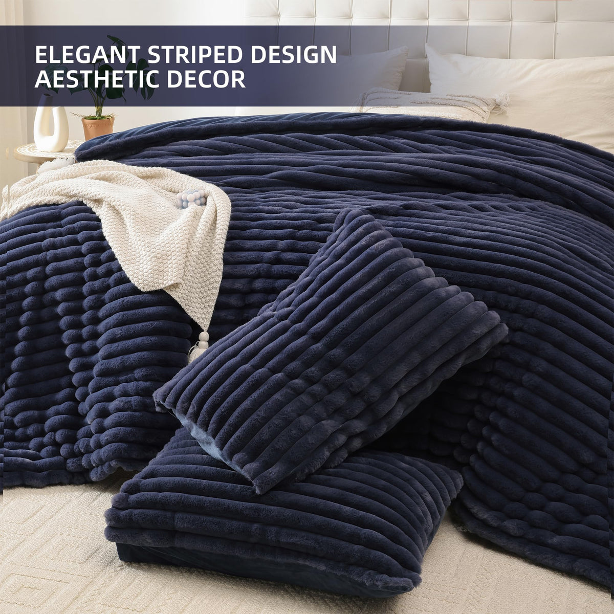 Fluffy Comforter 3 PCS - Navy Blue Fleece Bedding Set