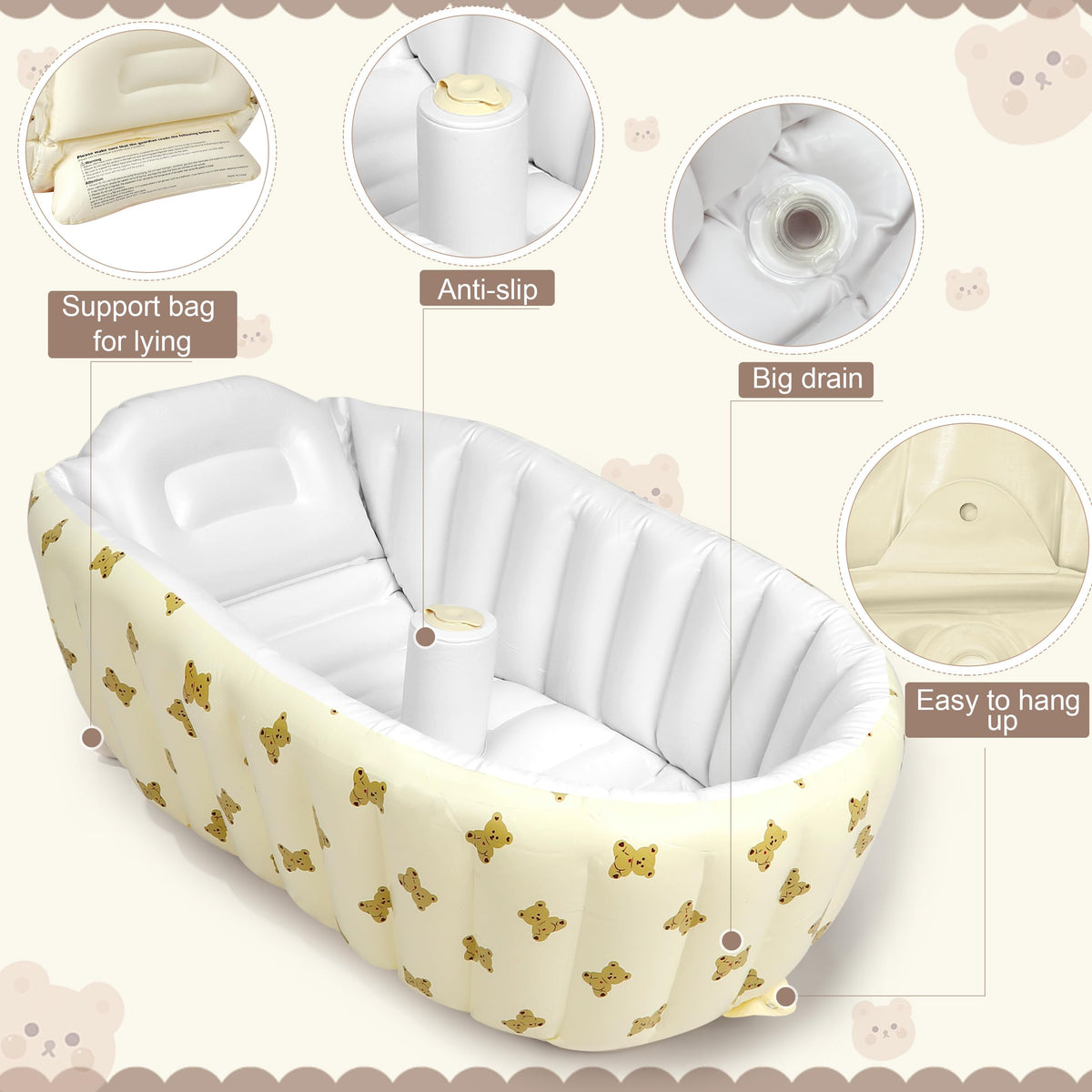 Newborn to Toddler Bath Tub,Inflatable Baby Bathtub with Built-in Air Pump,Portable Travel Shower Basin with Back