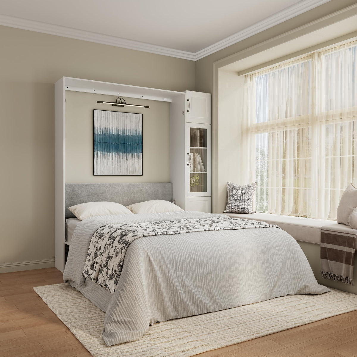 Farmhouse Murphy Bed Queen, 85" Wall Bed Folds to Save Space, Concealed Bed Frame with 1 Glass Storage Cabinet and