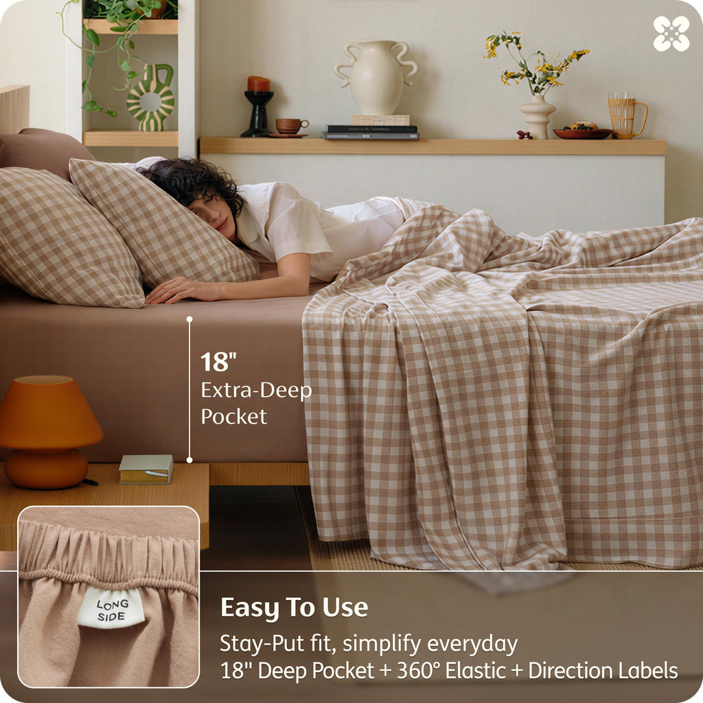 PureWoven Gingham Fall Sheets 100% Washed Cotton, Brown, 6PCS