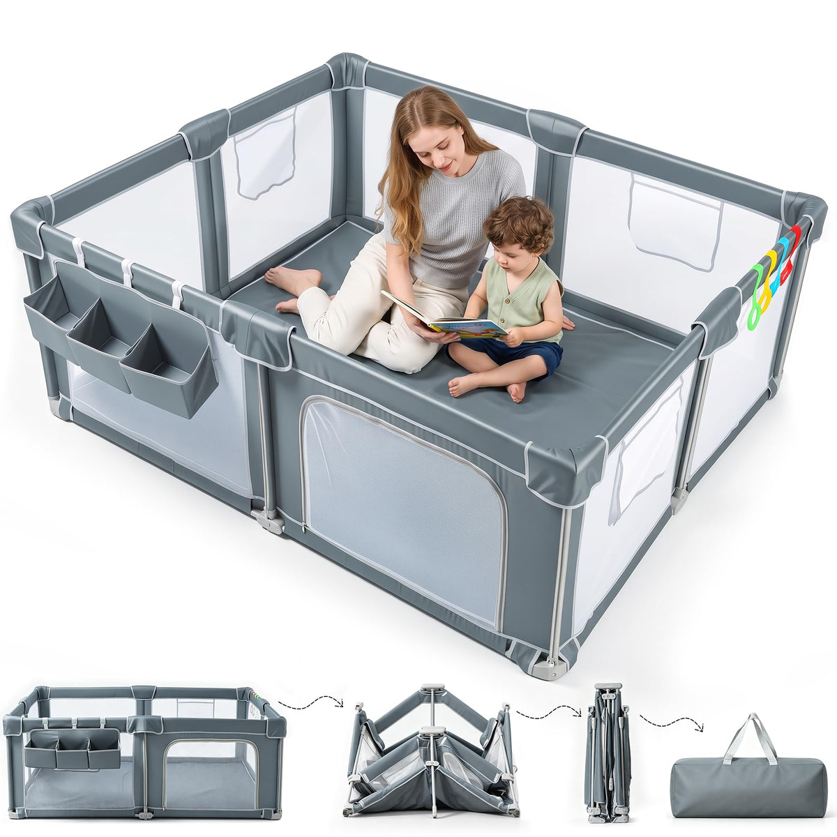 Foldable Baby Playpen 59x71 with Mat, Portable Play Yard
