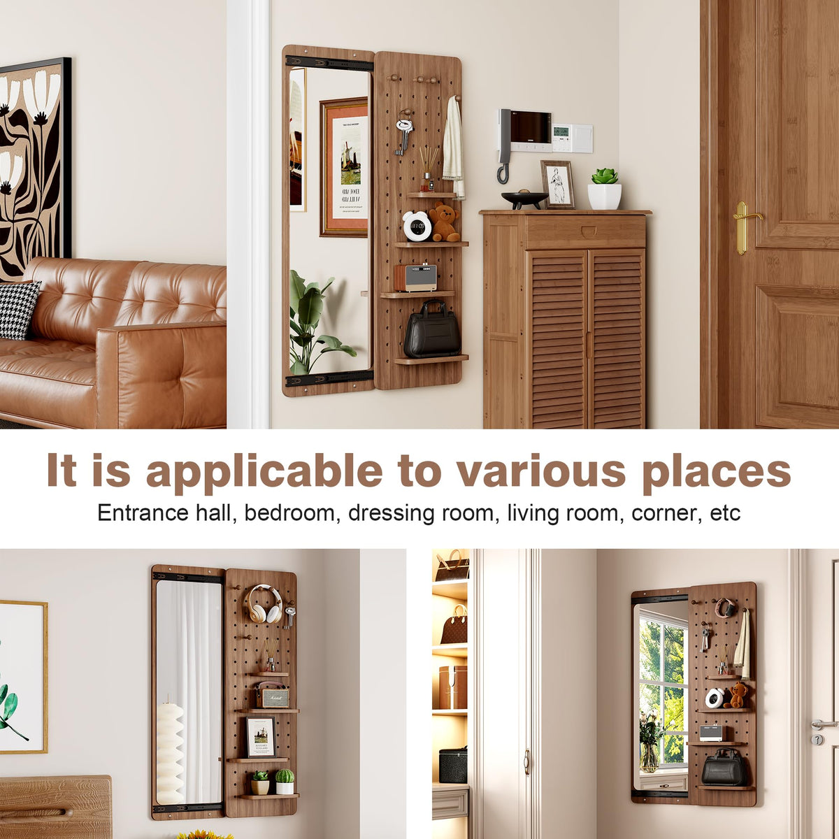Wood Pegboard with Full Length Mirror Wall Mounted, Entryway Hanging Sliding Mirror with Adjustable Hooks and Shelf