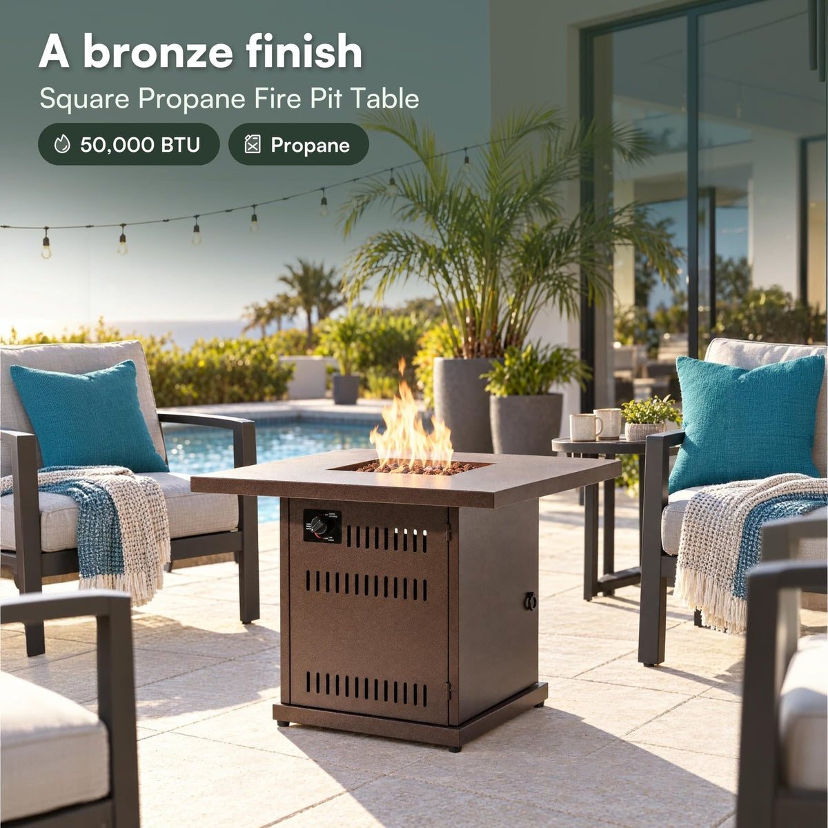 28" Square Steel Propane Propane Fire Pit Table Patio Heater 50, 000 BTU