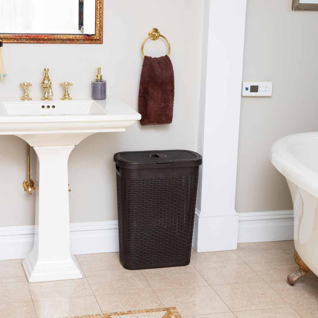 Slim Laundry Hamper with Lid, 40L Clothes Basket, Narrow Tapered Design with Ventilated Cutout Pattern, Plastic, Brown