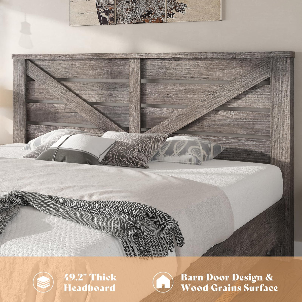 Farmhouse Bed Frame with 49.2"Barn Door Headboard, Gray