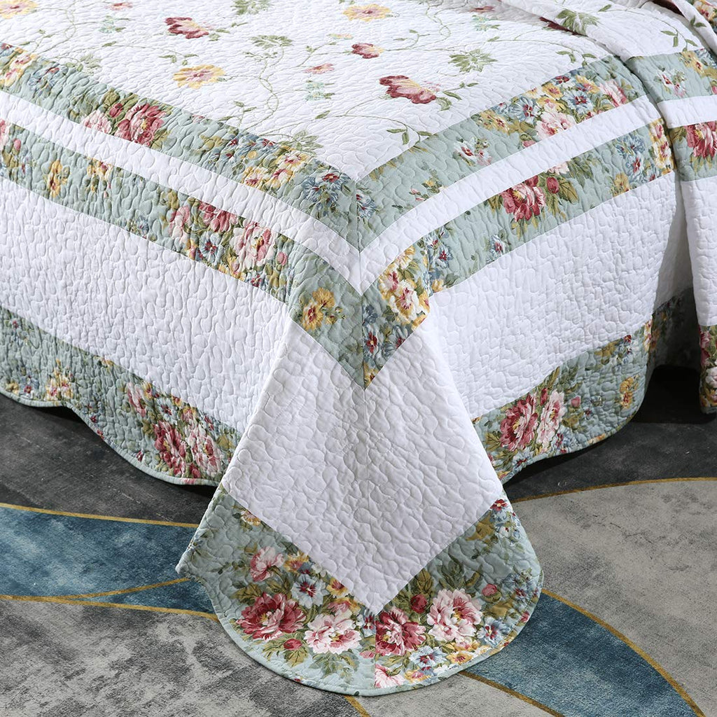 3-Piece Embroidered Floral Cotton Quilt Set Elegant Reversible Lightweight Soft Bedspread Coverlet with 2 Pillow