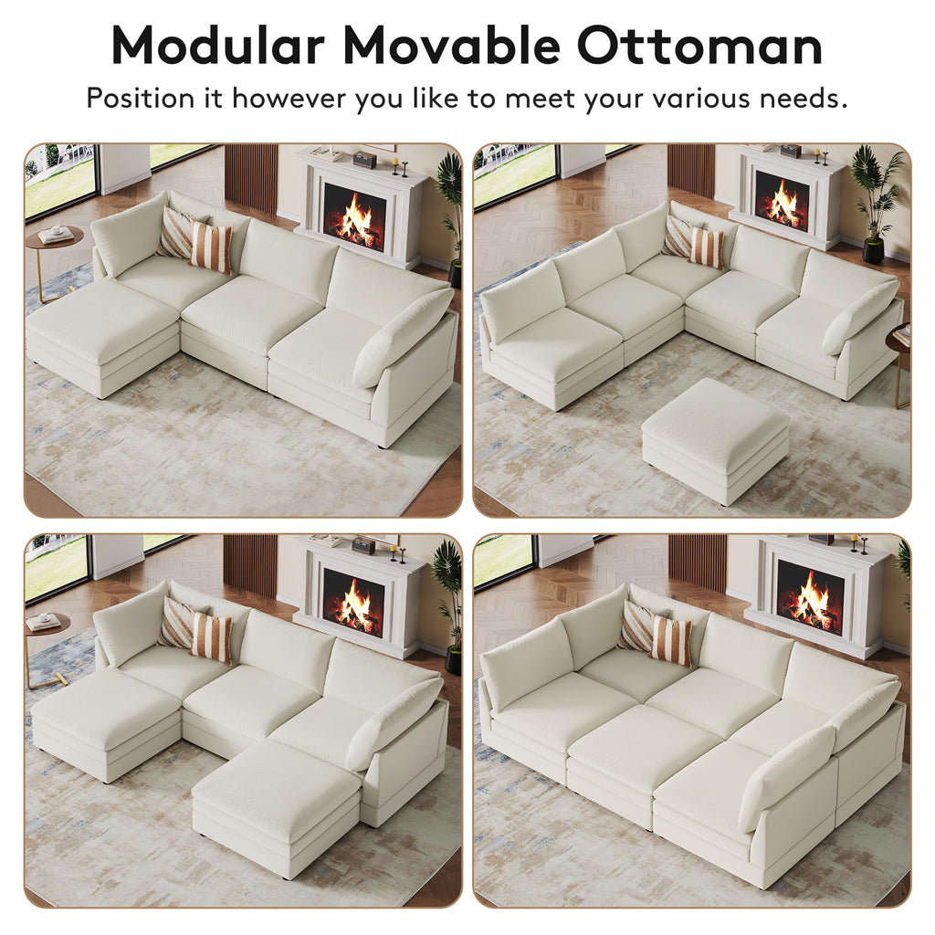 98" Large Cloud Modular Sectional Sofa with Ottoman, Beige Chenille