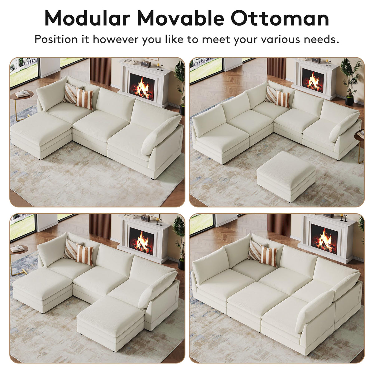 98" Large Cloud Modular Sectional Sofa with Ottoman, Beige Chenille