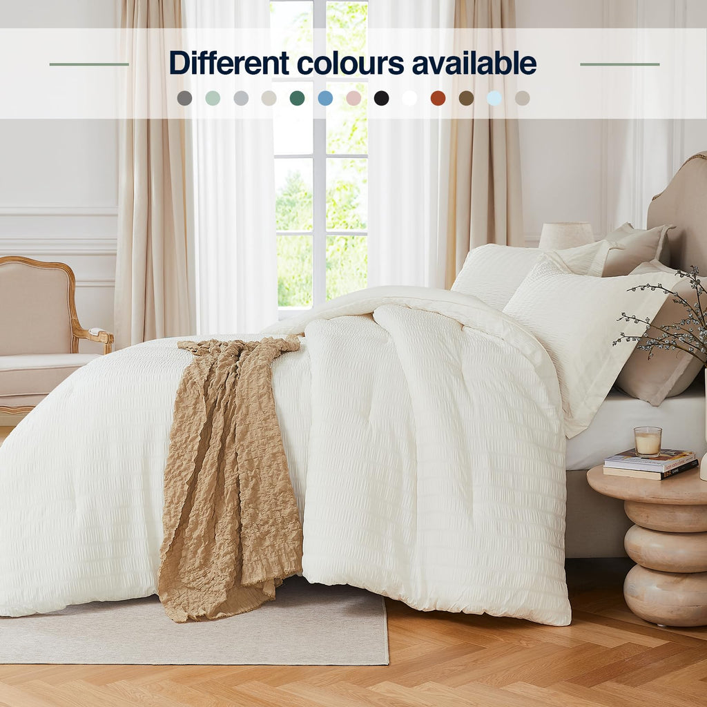Beige Comforter Set - 3 Pieces Seersucker Lightweight Bedding Comforter Sets (1 Soft Fluffy Comforter & 2